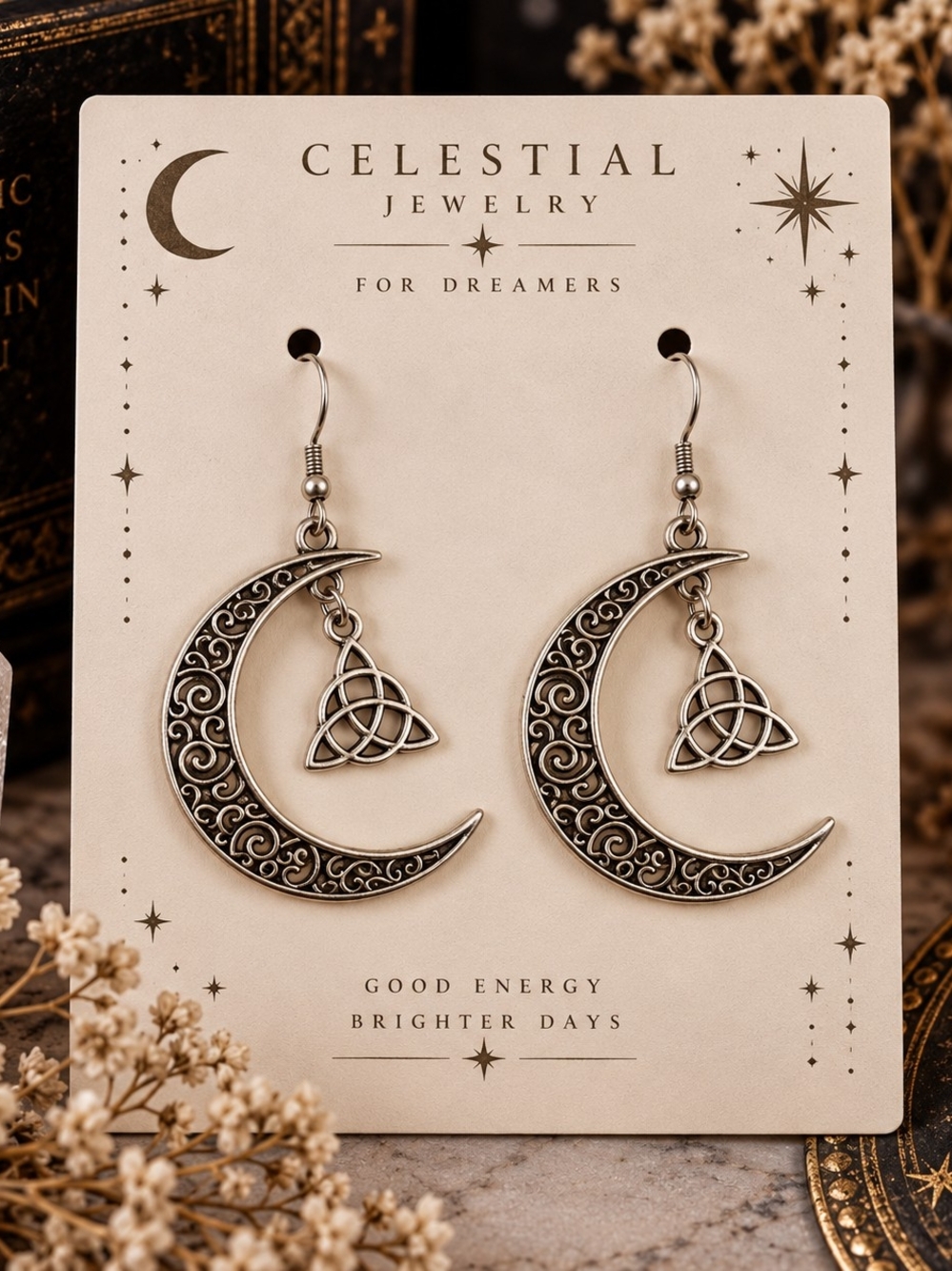 Silver Metal Crescent Moon & Celtic Knot Dangle Drop Earrings New